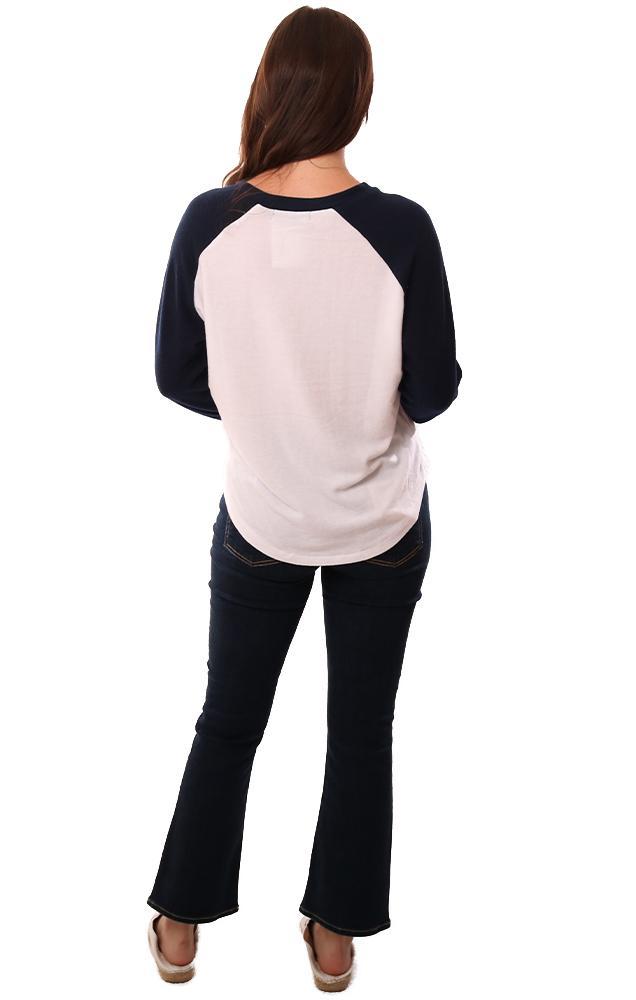 Six Fifty Tops Crew Neck Long Sleeve White Navy Raglan Relaxed Causal Top