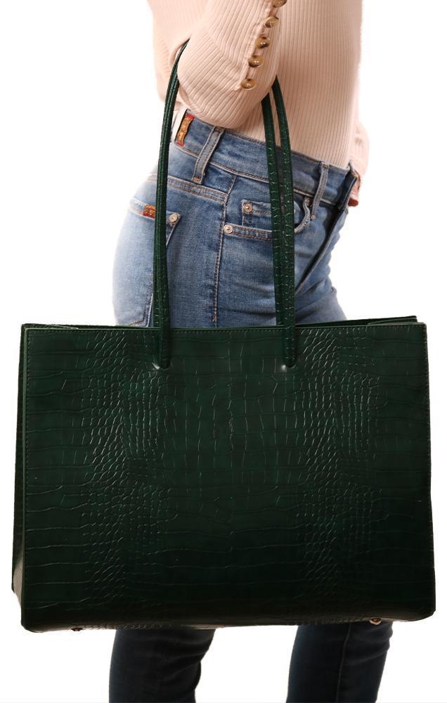 Handbags Faux Crocodile Leather Green Large Tote Bag