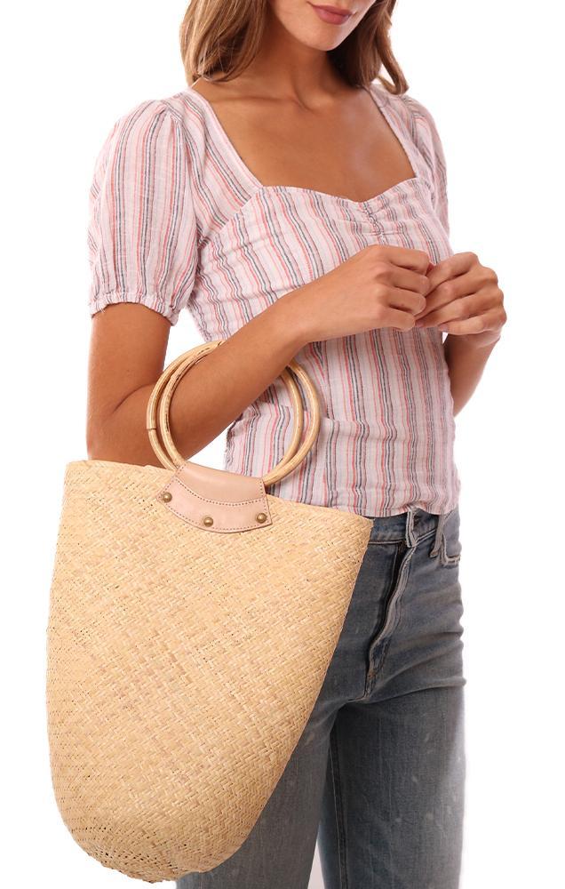 Handbags Woven Straw Bamboo Handle Natural Tote 