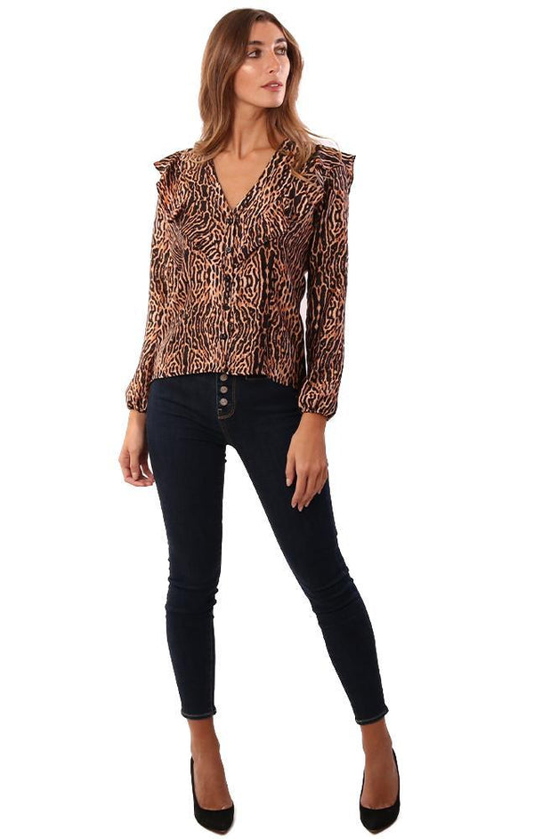 Veronica M Tops Long Sleeve Ruffle V Neck Animal Print Blouse