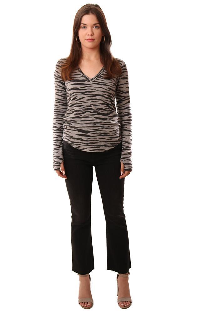 Red Haute Tops Zebra Pattern Long Sleeve V Neck Grey Knit Top